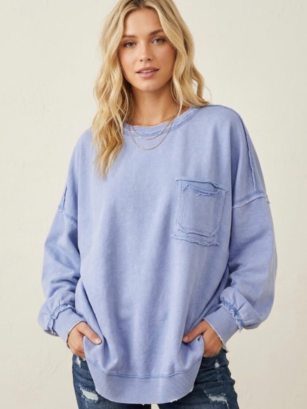 257 NWOT Zenana - French Terry acid wash raw edge front pocket pullover
